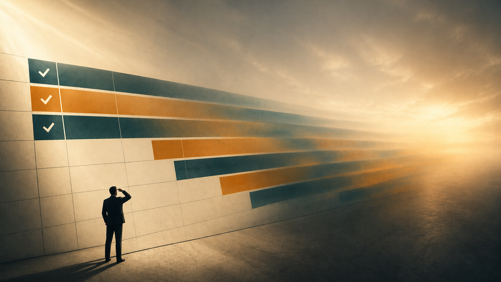 Illustration of a project timeline dissolving toward a receding horizon, with a small figure looking down the track