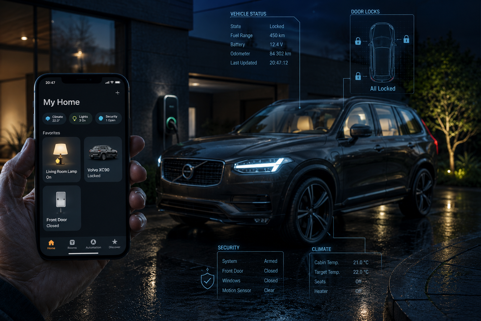 A Volvo XC90 rendered as a tile inside the Apple Home app, beside a living room lamp and a door sensor